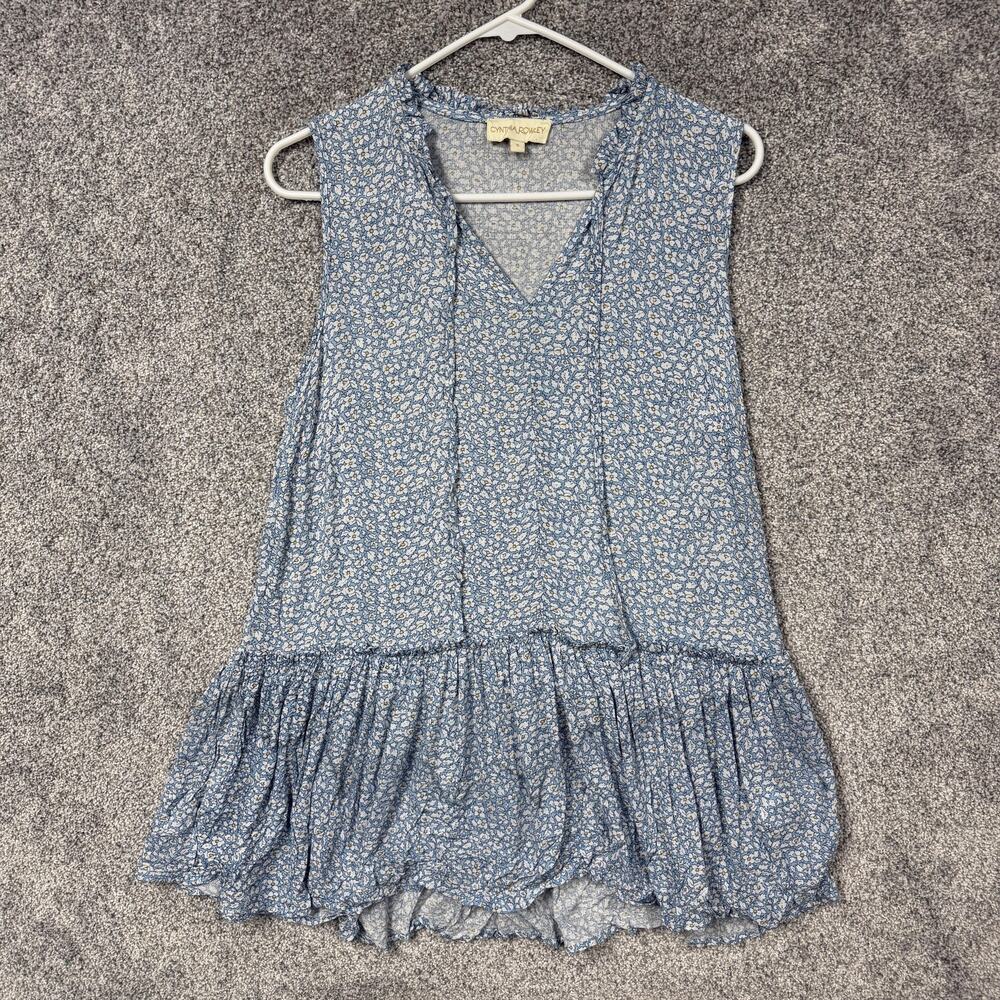 Cynthia Rowley Tunic Top Womens S Blue Floral Ruffle Hem Boho Chic Cottagecore
